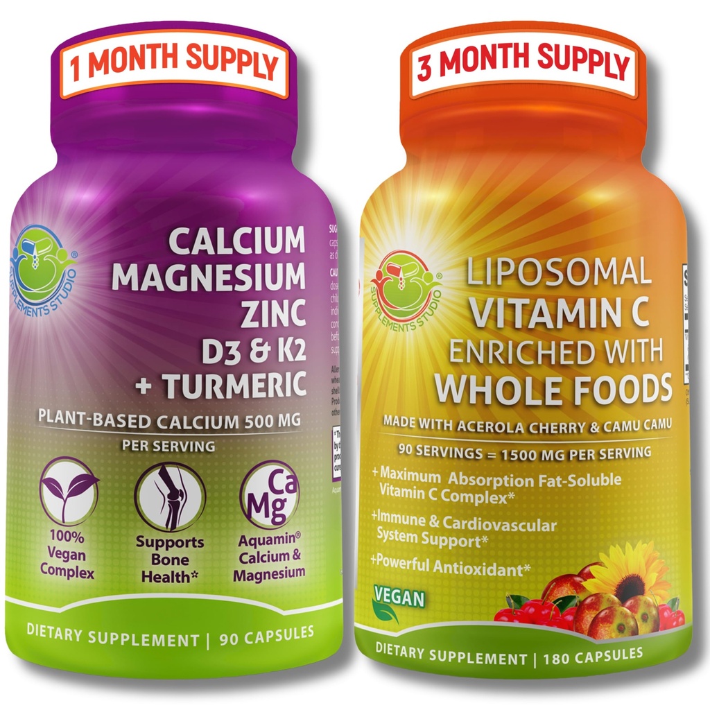 Plant- based bone & immunsupport Bundle - Liposomal Vitamin C 1500mg med Organic Acerola & Camu Camu + Calcium Magnesium Zink med vitamin D3, K2 & Gurkemeje - Vegan, Non- GMO