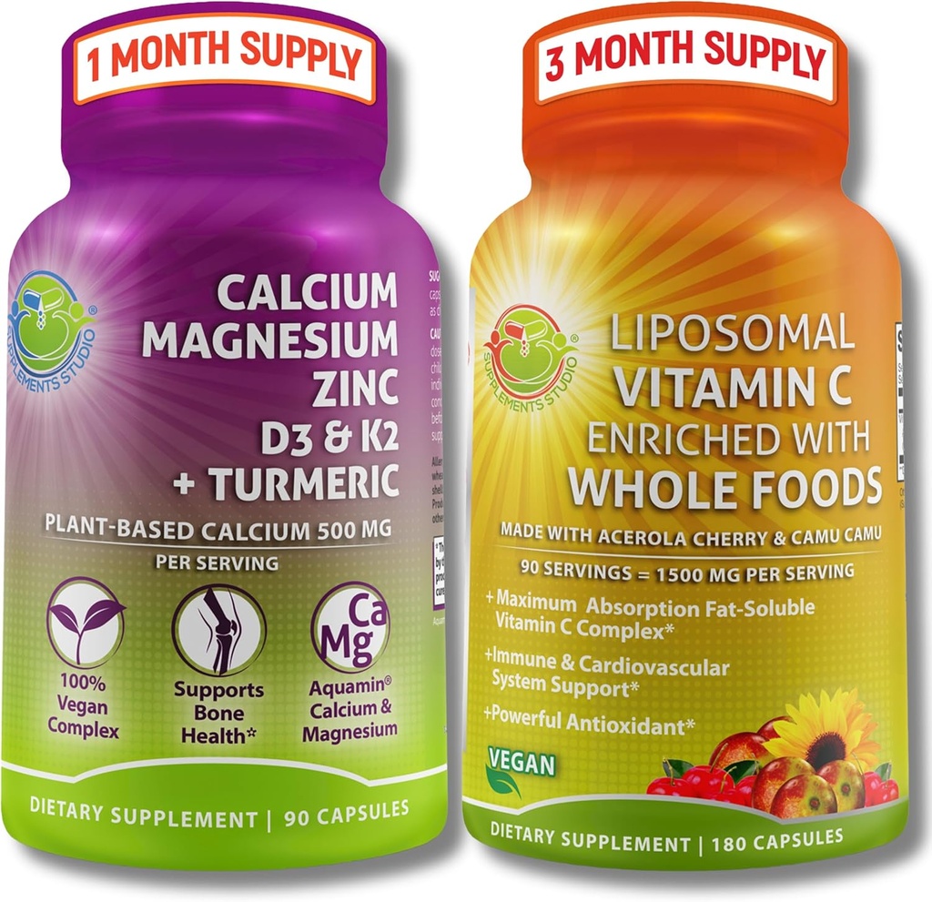 Plant-Based Bone & Immune Support Supplement Bundle – Liposomal Vitamin C 1500mg with Organic Acerola & Camu Camu + Calcium Magnesium Zinc with Vitamin D3, K2 & Turmeric – Vegan, Non-GMO