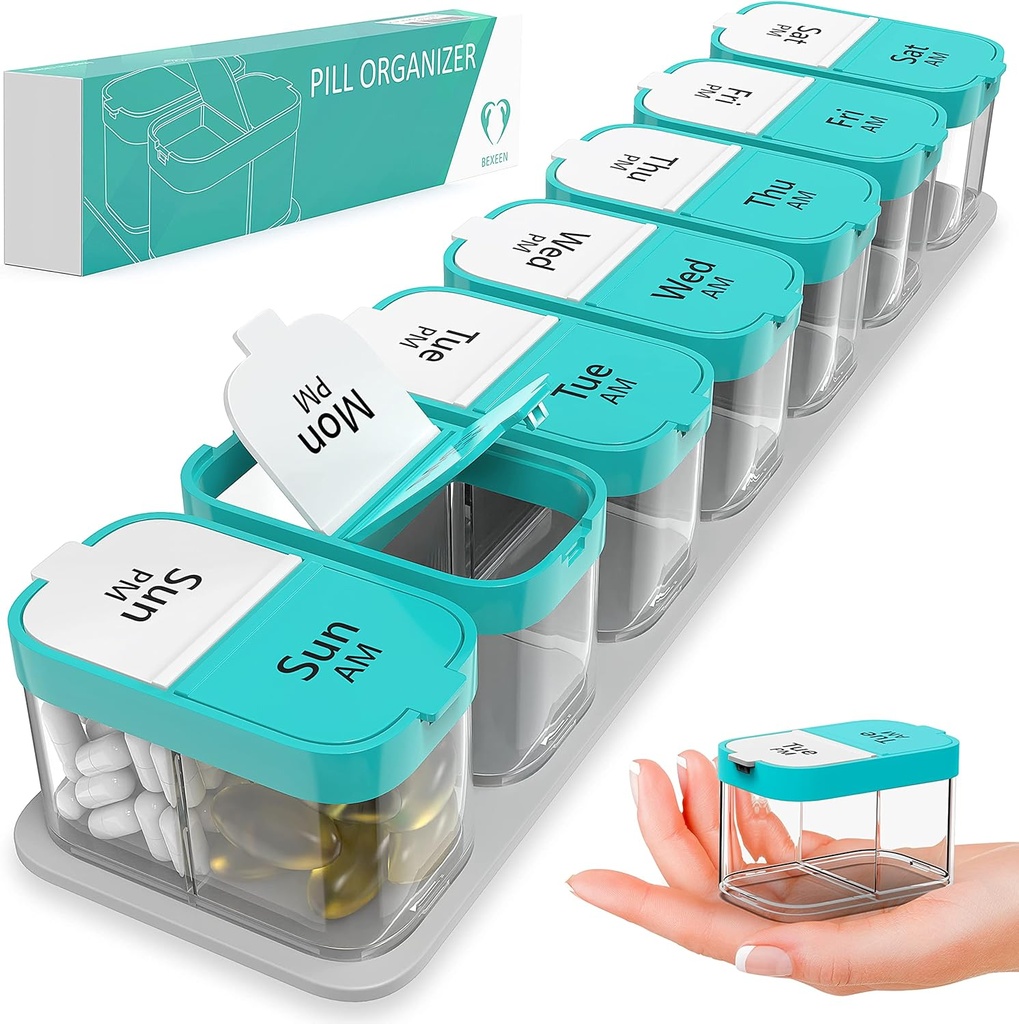 Ekstra Stor Ugentlig Pill Organizer - XL Vitamin Holder med 7 Detachable AM PM Compartments - Portable Medicine Dispenser til hjemmet og rejser, Big Supplement Container til Ugentlig eller daglig brug, Mint