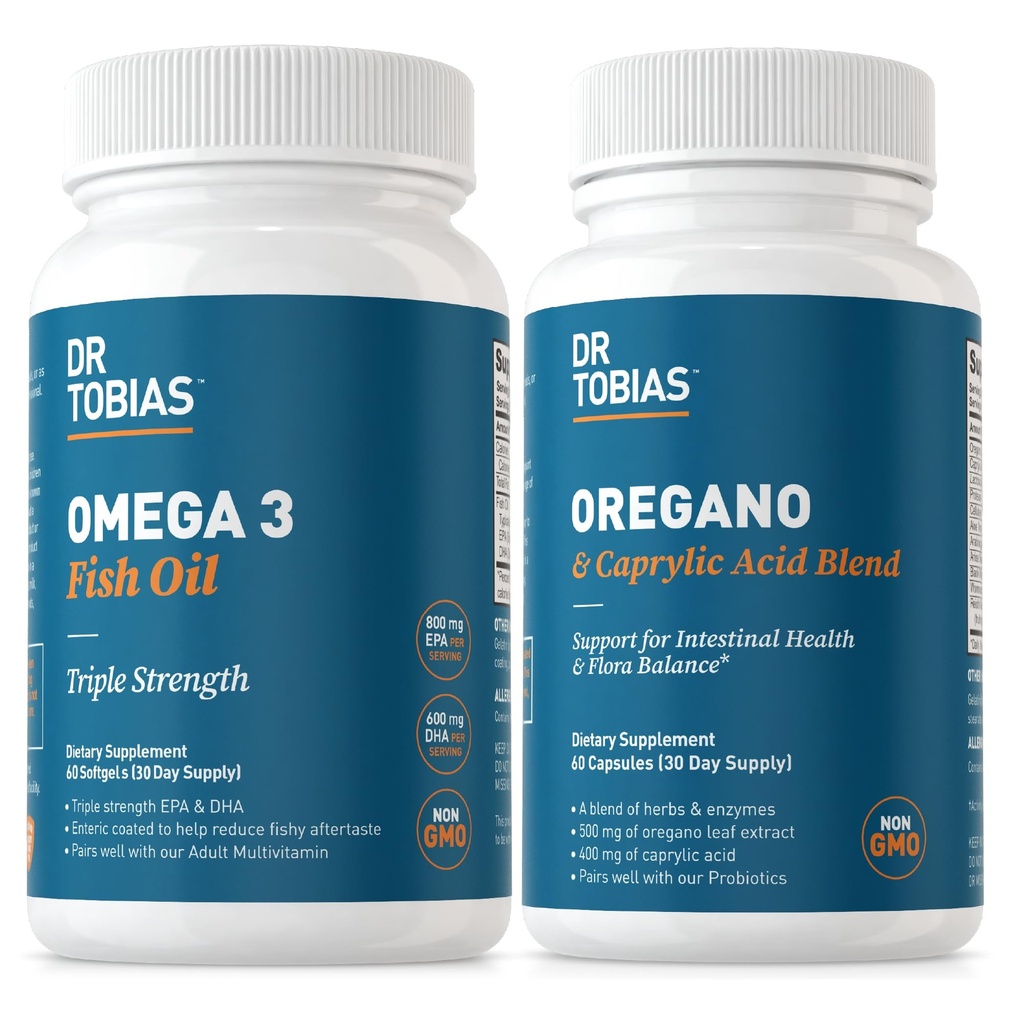 Dr. Tobias Omega 3 Fish Oil og Oregano & Captac Acid Kosttilskud, understøtter hjerte, hjerne, immunforsvar med Gut Flora Balance Complex & Intestinal Health for kvinder & mænd