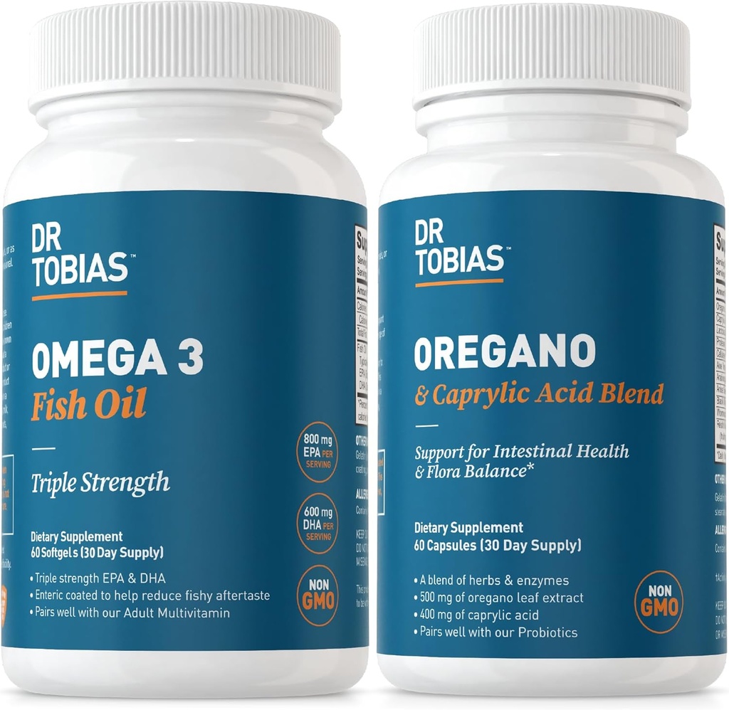 Dr. Tobias Omega 3 Fish Oil og Oregano & Captac Acid Kosttilskud, understøtter hjerte, hjerne, immunforsvar med Gut Flora Balance Complex & Intestinal Health for kvinder & mænd