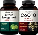 NatureBell CoQ10 400mg Capsules with Omega 3 Fatty Acids & Citrus Bergamot Veggie Capsules 5,000 mg Equivalent Bundle Pack | Stable High Absorption Form | High Antioxidant Level