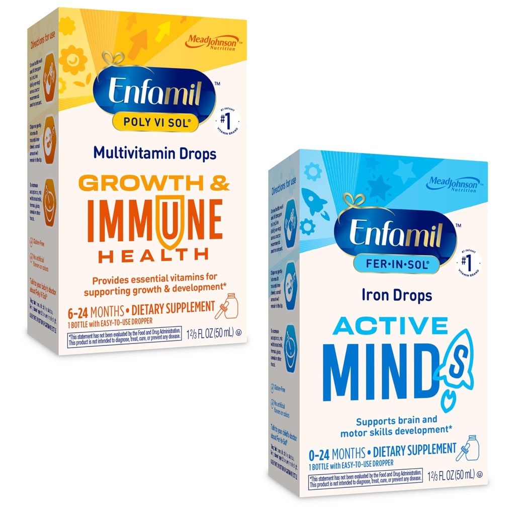 Enfamil Poly- Vi- Sol og Fer- in- Sol Iron Liquid Drop Multivitamin Kosttilskud til spædbørn og småbørn, 2x50 ml Drypper Flaske