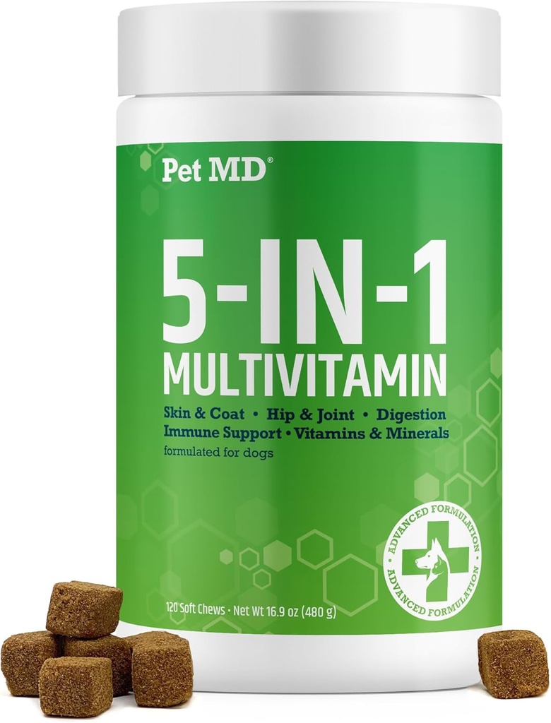 Pet MD 5in1 Hund Multivitamin - 30 Essentielle vitaminer, mineraler & næringsstoffer til hud & coat, Hip & Joint, fordøjelse, immunforsvar & senior hund vitaminer - Glucosamin, Omega 3 6 9, & Probiotika - 120 ct