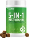 Pet MD 5in1 Hund Multivitamin - 30 Essentielle vitaminer, mineraler & næringsstoffer til hud & coat, Hip & Joint, fordøjelse, immunforsvar & senior hund vitaminer - Glucosamin, Omega 3 6 9, & Probiotika - 120 ct