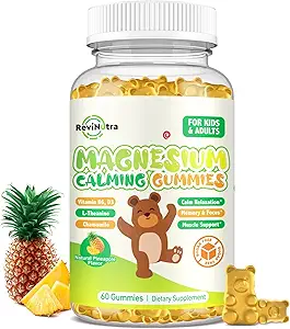 Magnesium Gummier for børn - Magnesium Glycinat Gummies Supplement med L- Theanin, vitamin B6, D3 for voksne & børn, rolig Magnesium for søvn, afspænding, hjerne, knogler, sukkerfri ananas 60ct