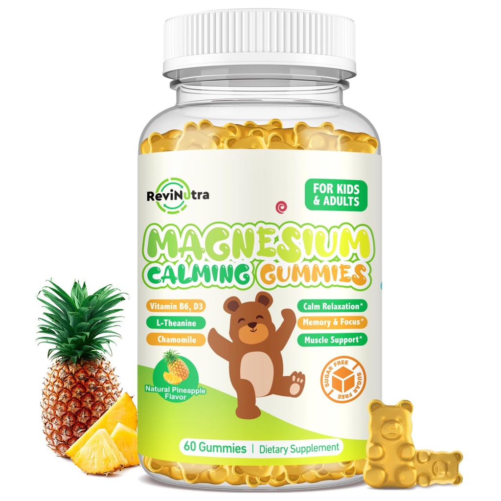 Magnesium Gummies for Kids - Magnesium Glycinate Gummies Supplement with L-Theanine, Vitamin B6, D3 for Adults & Kids, Calm Magnesium for Sleep, Relaxation, Brain, Bones,Sugar Free Pineapple 60ct