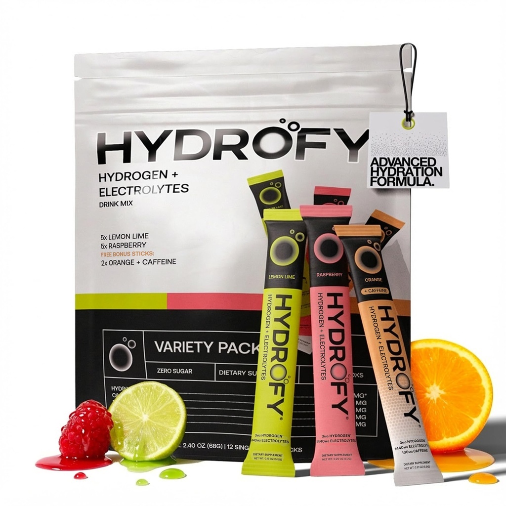 Hydrogenvand + Electrolytes Drink Mix - Variety Pack- 124; H2 Hydrationspakker med Molekulær Hydrogen, natrium, kalium, Magnesium- 124; Lemon Lime, Raspberry, Orange + Koffein