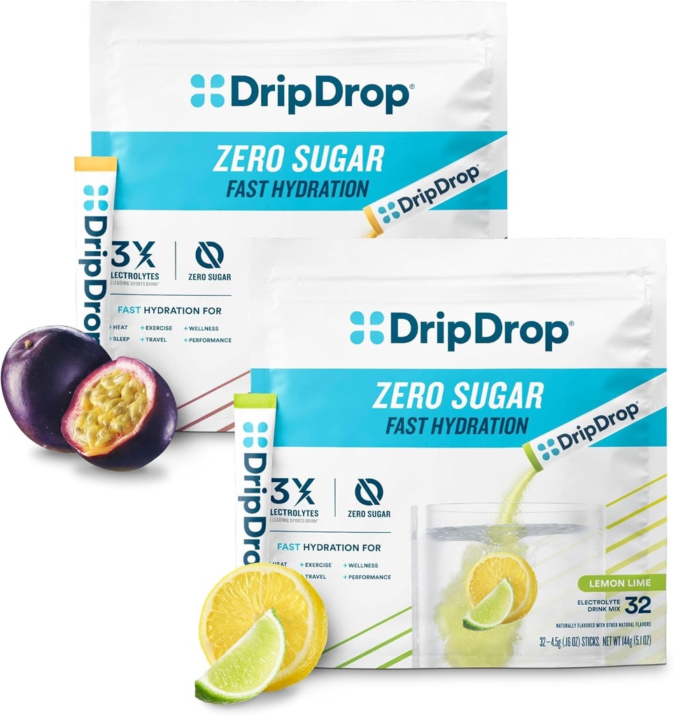DripDrop Hydration - Electrolyte Powder Packets - Lemon Lime & Passion Fruit Zero Sugar Bundle - 64 Greve