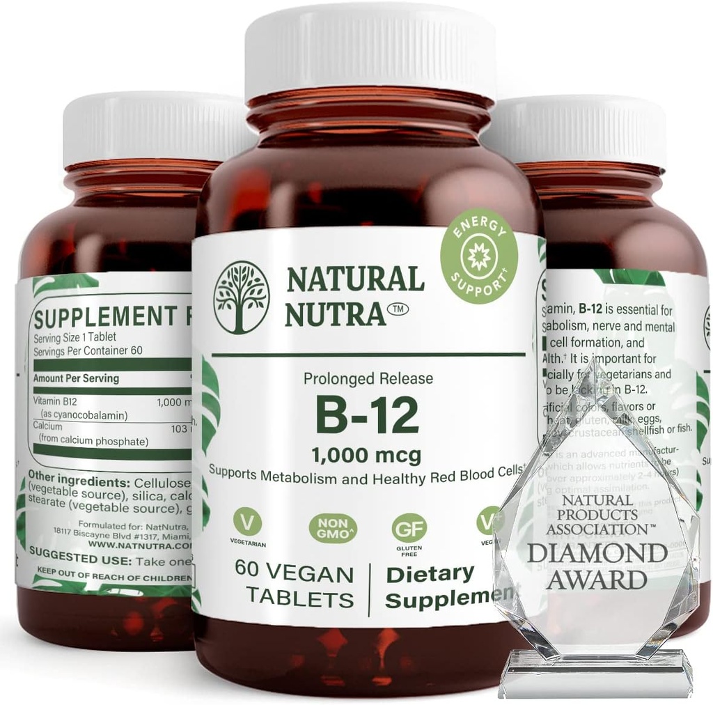 Natural Nutra Vitamin B12 1000 mcg, Cobalamin B 12 Supplement, Calciumfosfat, Hjælp i Metabolisme Sundhed, Understøtter Nervesystemet, Optimal Absorption, Gluten Free, Sugar Free, 60 Vegan Tablets