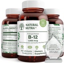 Natural Nutra Vitamin B12 1000 mcg, Cobalamin B 12 Supplement, Calciumfosfat, Hjælp i Metabolisme Sundhed, Understøtter Nervesystemet, Optimal Absorption, Gluten Free, Sugar Free, 60 Vegan Tablets