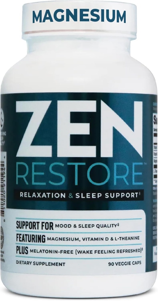 Nutrologi Zen Gendan Magnesiumsupplement, 400mg Magnesiummalat per dosis med D3- vitamin, L- Theanin, fremmer afslapning, Muscle Recovery & Adrenal Health, High Absorption Supplement, 30 Servere