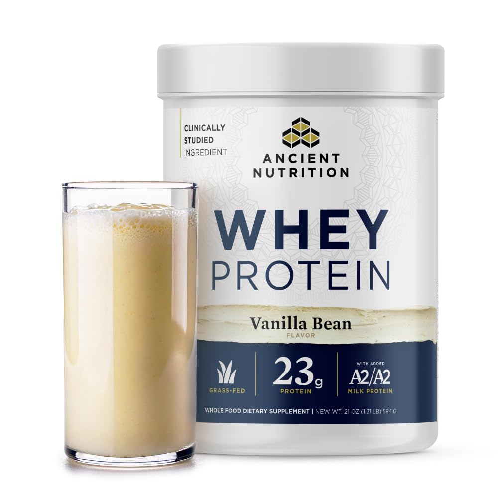 Ancient Nutrition Græs Fed Whey Protein, Vanilla Bean, 23g Protein, 20 Servere, Hydrolyzed Collagen Peptider, Organic Regenerative A2 / A2 Milk Protein