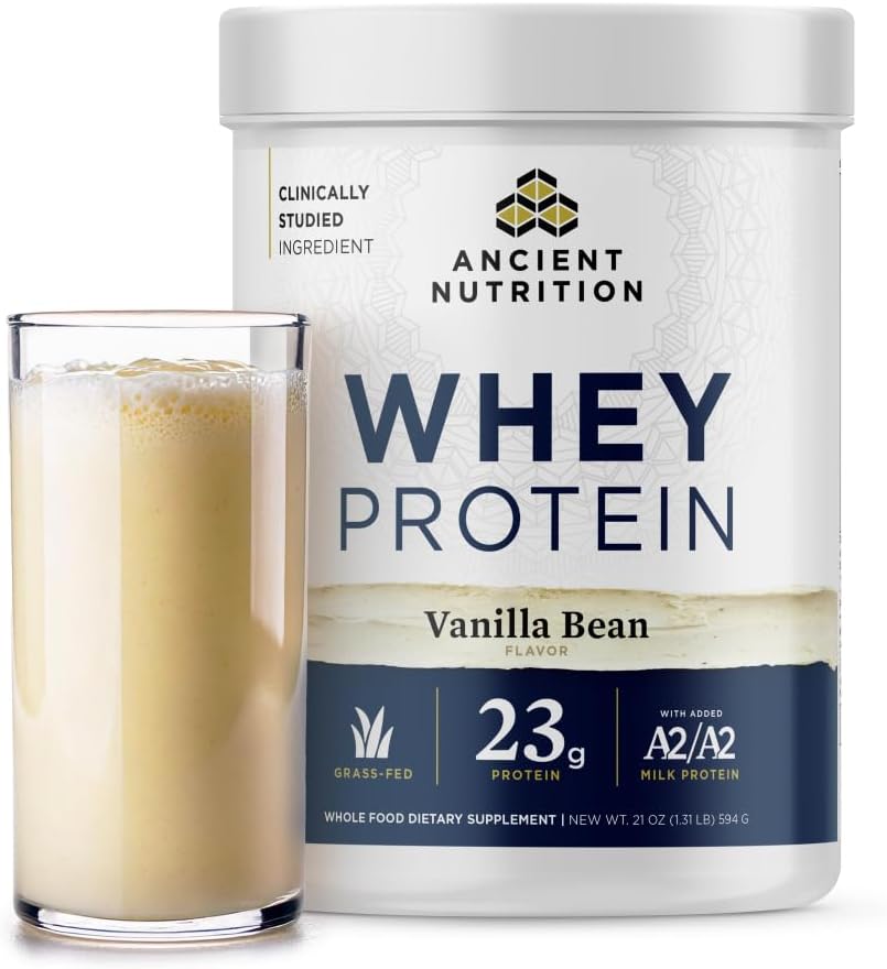 Ancient Nutrition Græs Fed Whey Protein, Vanilla Bean, 23g Protein, 20 Servere, Hydrolyzed Collagen Peptider, Organic Regenerative A2 / A2 Milk Protein