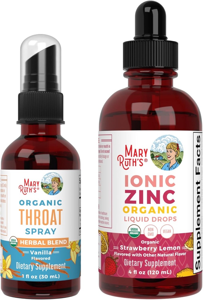 MaryRuth Organics Throat Spray (Vanilla) & Zink Drops (Strawberry Lemon) - 124; USDA Organic, Clean Label Project Verified ® - 124; Vitaminer for Throat Relief, Immunitet & Samlet sundhed - 124; Vegan, Non- GMO