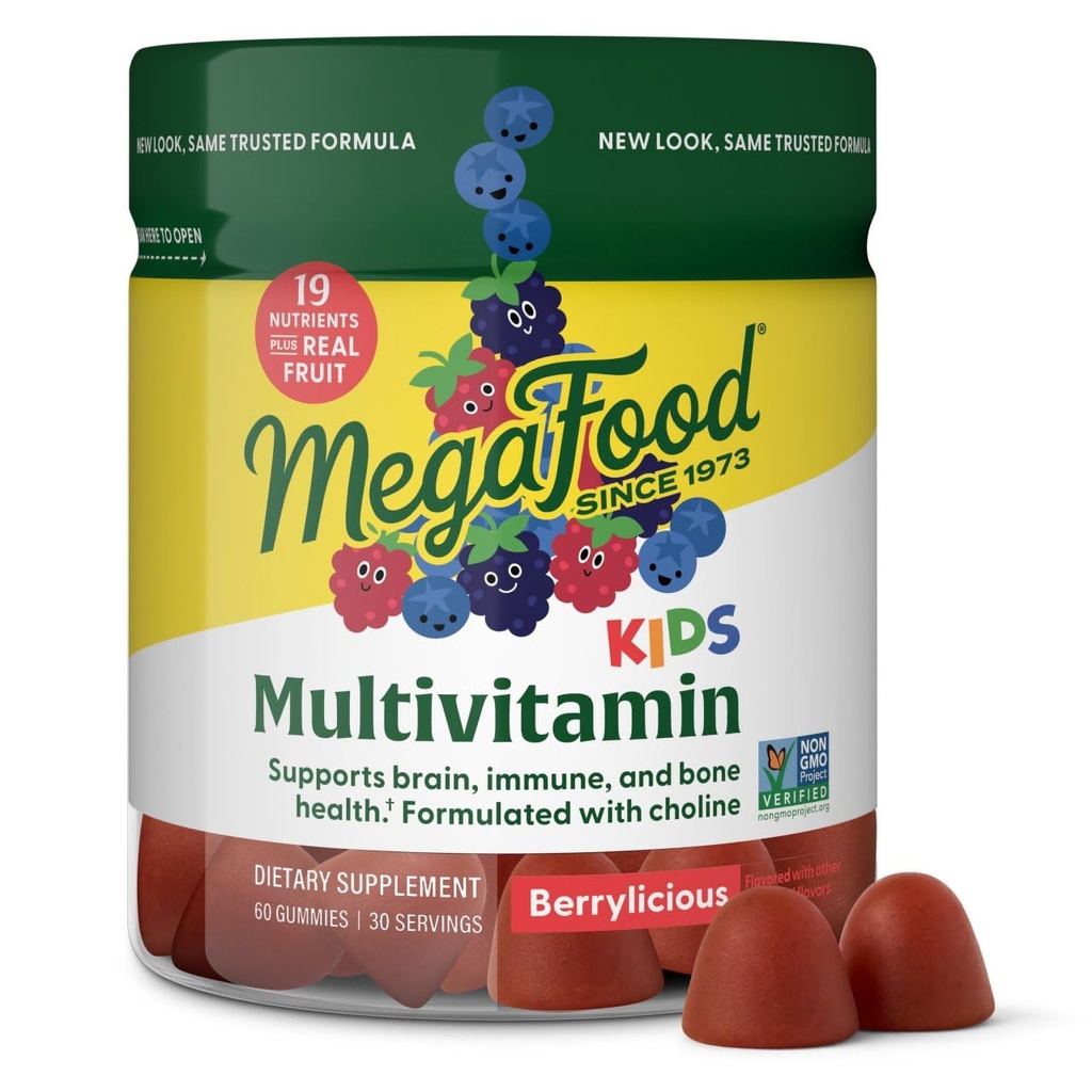 MegaFood Kids Multivitamin Gummies - Kids Vitaminer - Alder 4 + med C-vitamin, D-vitamin, zink, cholin, og Real Fruit - Brain & Immunsupport - Berrylicious Flavor - 60 Gummies (30 Servere)