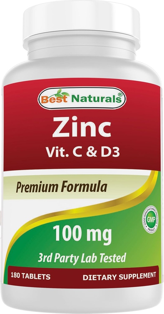 Bedste Naturals Zink 100 mg med C-vitamin & D3 180 tabletter Gluten Free and Non- GMO