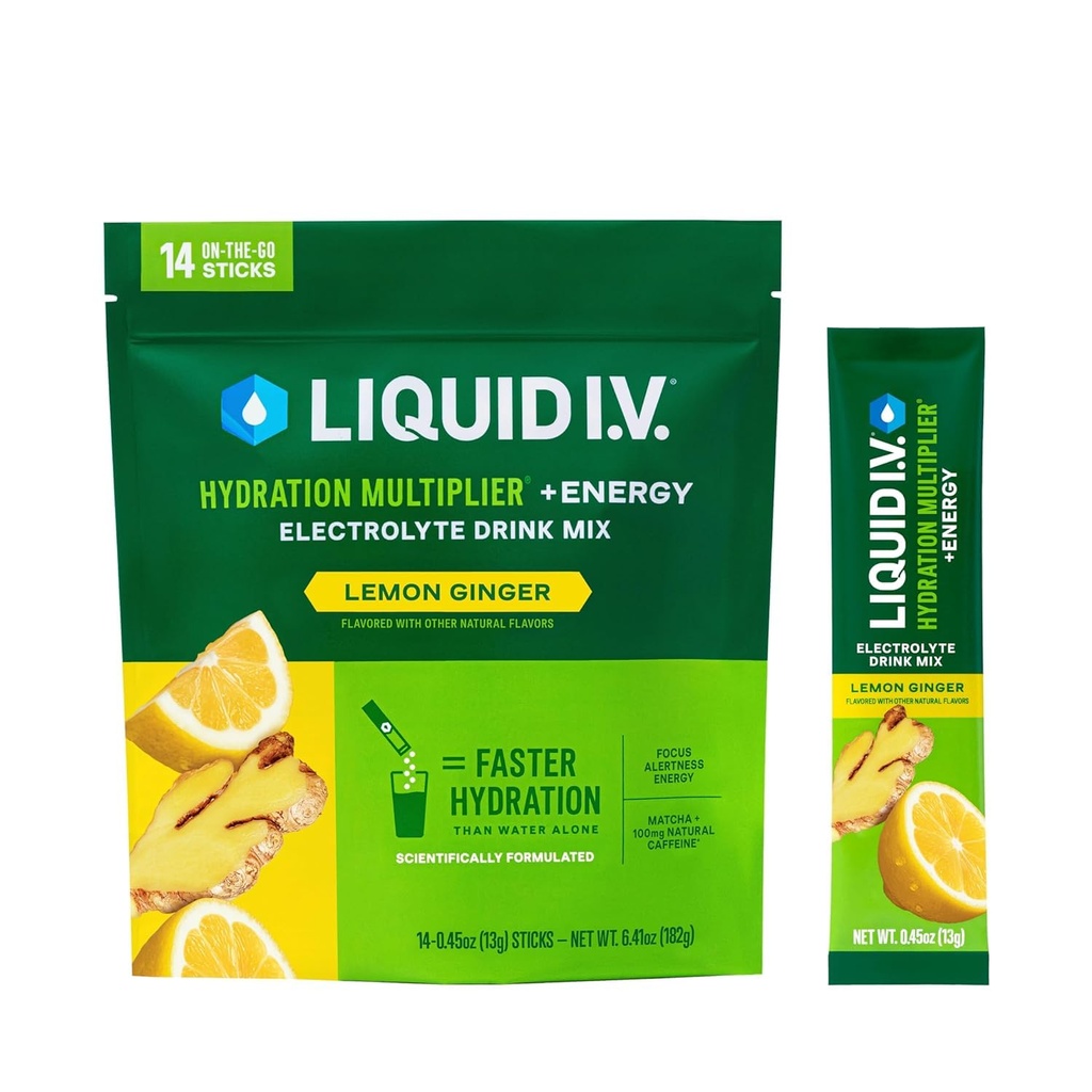 Liquid I.V. ® Hydration Multiplier + Energy - Lemon Gingefær 124; Electrolyte Powder Drink Mix 124; 1 pakke (14 Servere)