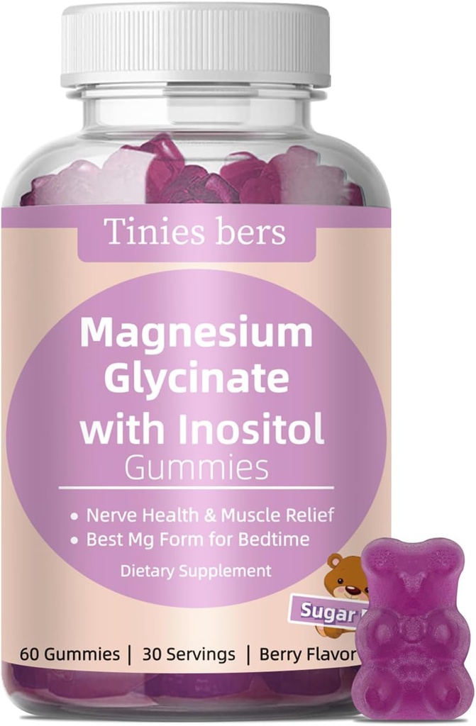 Magnesium Glycinate Gummies 400mg, w / Inositol 500mg for kvinder, Mineral & VIT B8 for søvn, Stress & Muscle Relief, Metabolisme Health, Sugar Free, No Melatonin, Gluten Free, Non GMO, Vegan, Pectin, 60