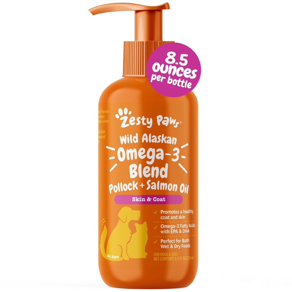 Zesess Paws Wild Alaska Omega-3 Blend Pollock + Salmon Oil for hunde og katte - Hud og Coat Support, Omega 3 Supplement til Kæledyr, 8.5oz