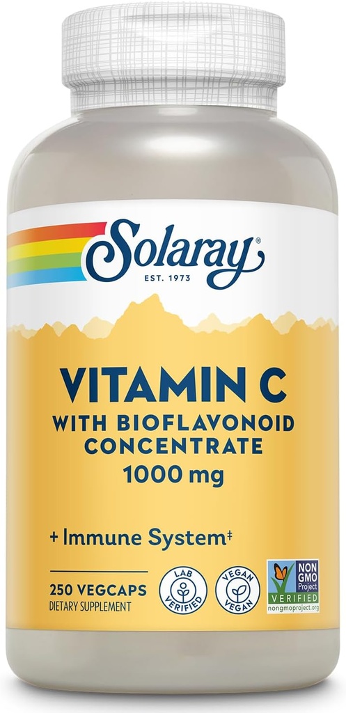 SOLARAY-vitamin C 1000mg med bioflavonoider Koncentrat - C-vitamin kapsler med Rose HIPS og Acerola Cherry - Antioxidant, Heart Health og immunforsvar Support, Vegan, Non- GMO, 250 Servere