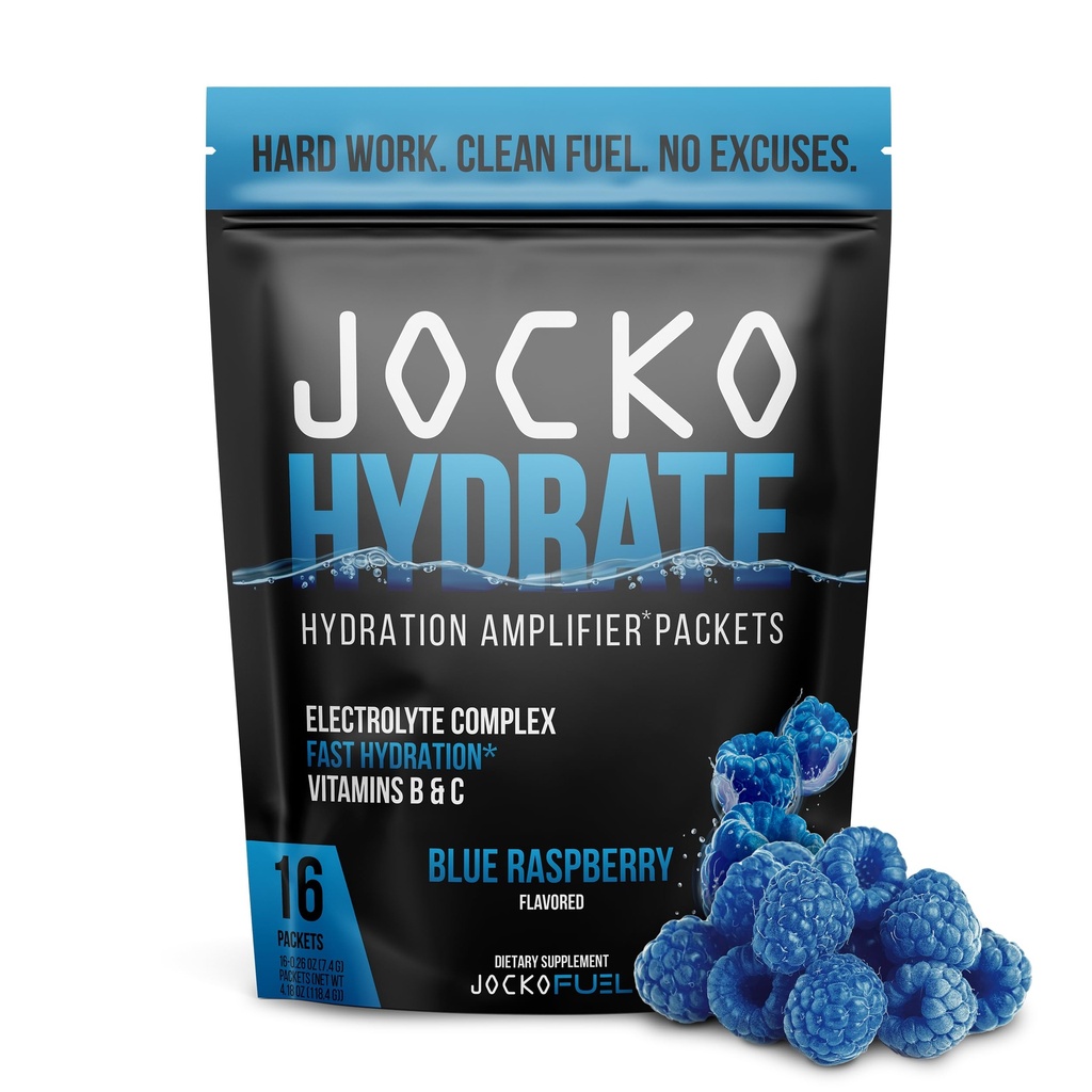 Jocko Fuel Hydrate Elektrolytter Powder Pakker Lavsukker - Hydration Forstærker Pakker til inddrivelse, Dehydrering, & Motion - med Vitaminer B6, B12 & C (16 Pakker) Blå Hindbær
