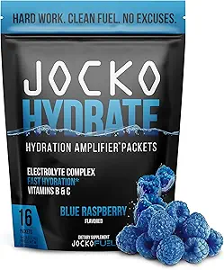Jocko Fuel Hydrate Elektrolytter Powder Pakker Lavsukker - Hydration Forstærker Pakker til inddrivelse, Dehydrering, & Motion - med Vitaminer B6, B12 & C (16 Pakker) Blå Hindbær