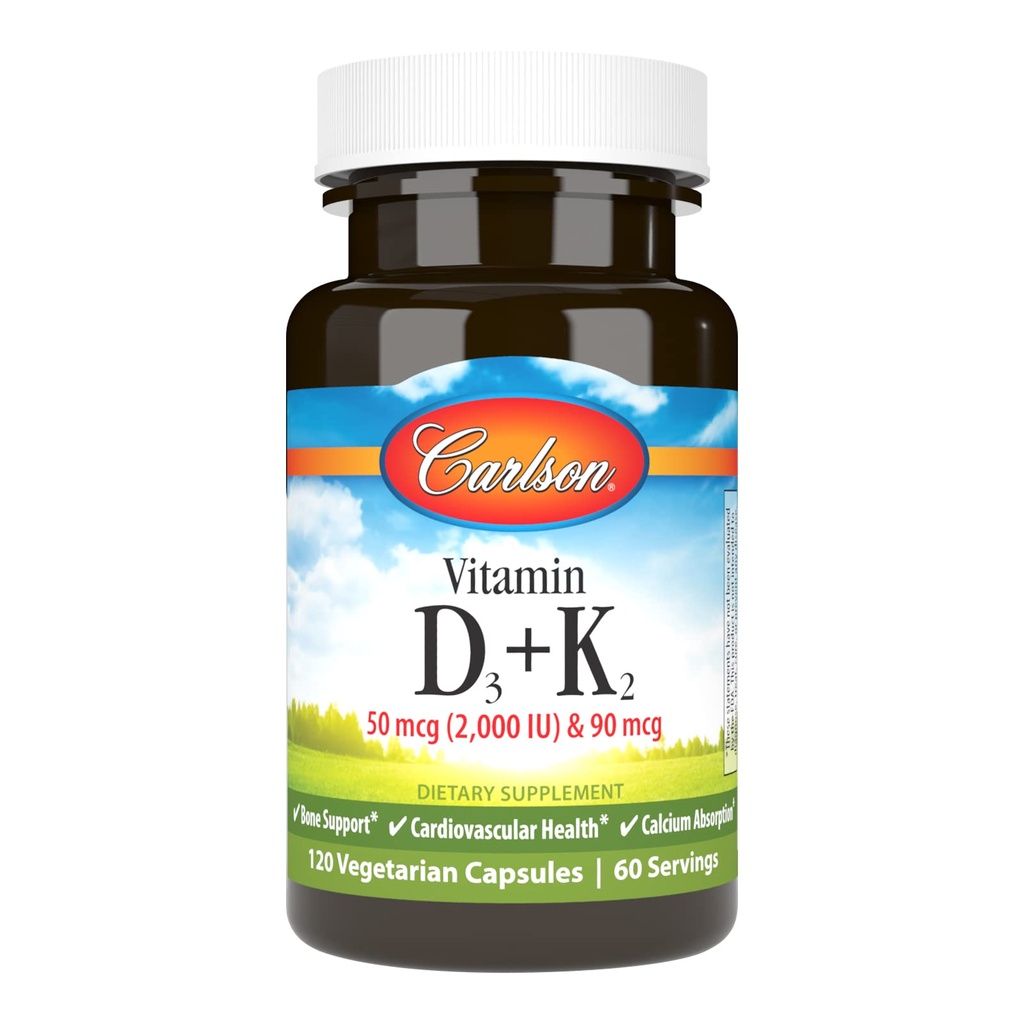 Carlson - Vitamin D3 + K2, 50 mcg (2000 IE) Vitamin D3 & 90 mcg Vitamin K2 som MK7, Knoglestøtte, Calciumabsorption, 120 kapsler