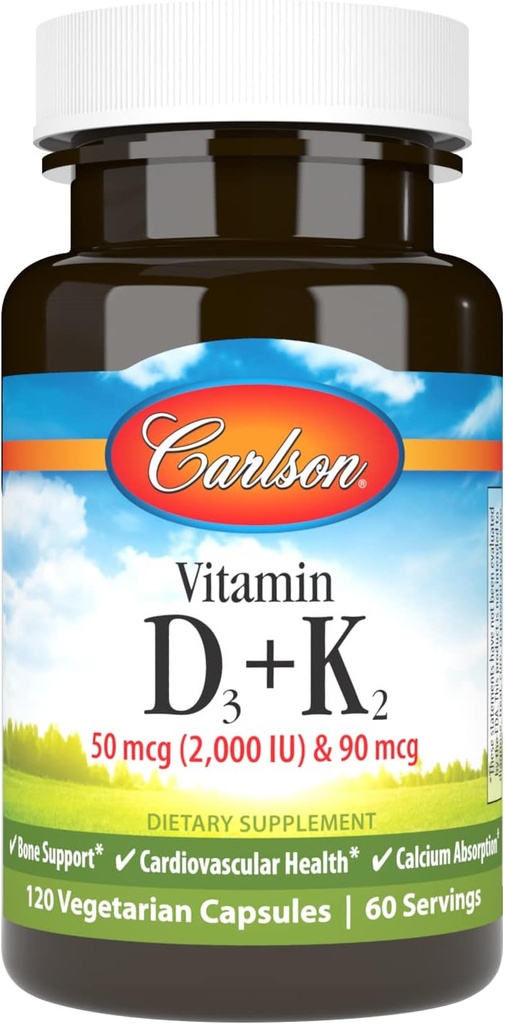 Carlson - Vitamin D3 + K2, 50 mcg (2000 IE) Vitamin D3 & 90 mcg Vitamin K2 som MK7, Knoglestøtte, Calciumabsorption, 120 kapsler