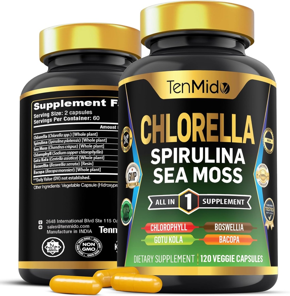 Chlorella supplement til mænd og kvinder - 7in1 Formel med Spirulina, Sea Moss, Chlorophyll, Gotu Kola, Boswellia & Bacopa - immunforsvar - rig på næringsstoffer, vitaminer - 120 kapsler