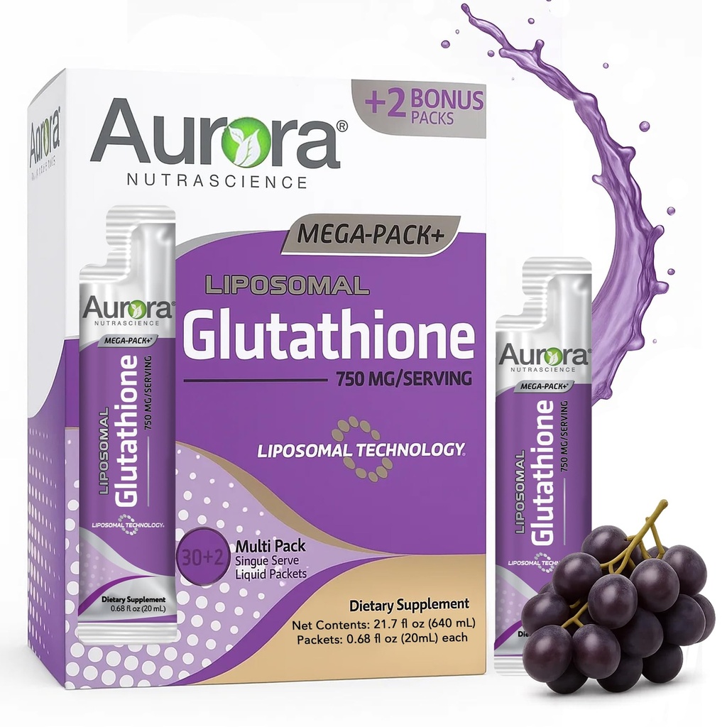 Aurora Nutrascience Mega- Liposomal Liquid Glutathion, Immuno & Antioxidant Gut Health Support, 750 mg per servering, Non- GMO, Sugar- Free, 32 Single Serve Pakninger