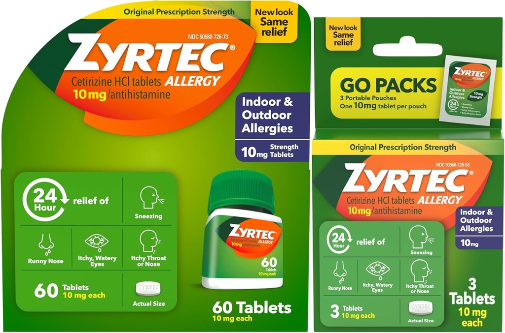 Zyrtec 24 timers Allergi Relief tabletter, Indendørs og Udendørs Allergi medicin med 10 mg Cetirizin HCl per Antihistamin tablet, Bundle Pack, 60 ct + 3 ct Travel Packs, 63 Count