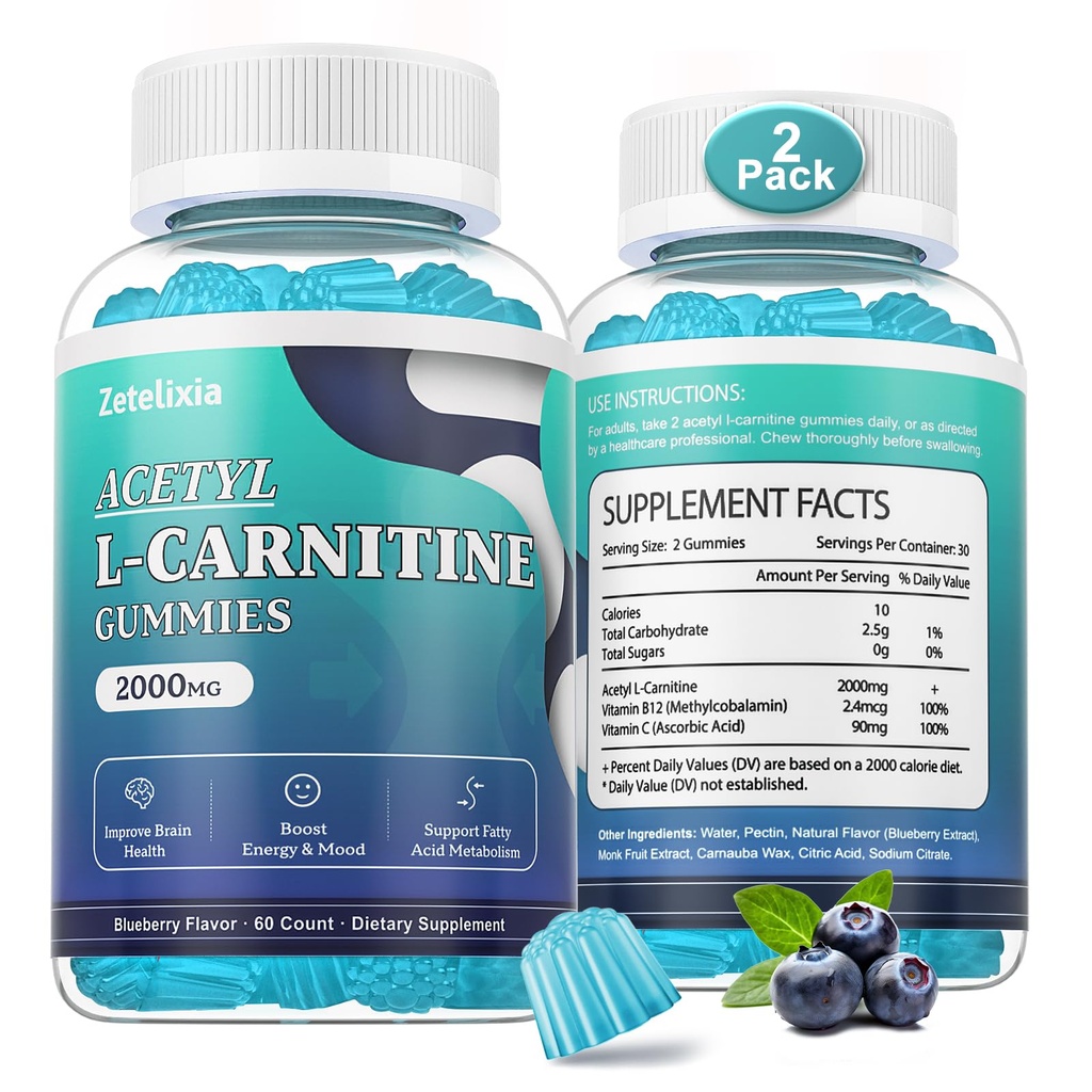 2 Pack Sugar Free Acetyl L- Carnitin Gummies, L- Carnitin Supplement for kvinder & mænd, med C-vitamin & B12, ALAL for energi, Brain & Heart Health Support, Vegan, Non- GMO, 120 Greve