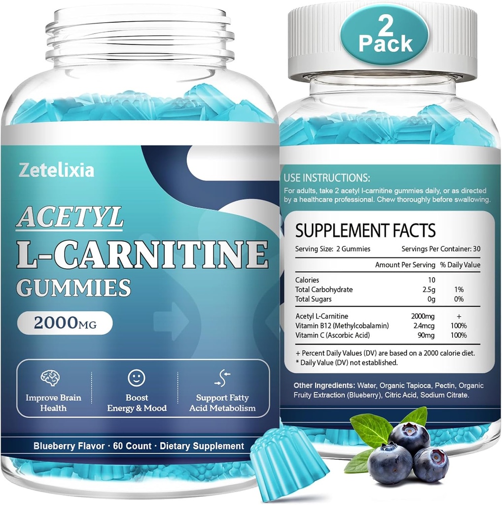 2 Pack Sugar Free Acetyl L- Carnitin Gummies, L- Carnitin Supplement for kvinder & mænd, med C-vitamin & B12, ALAL for energi, Brain & Heart Health Support, Vegan, Non- GMO, 120 Greve