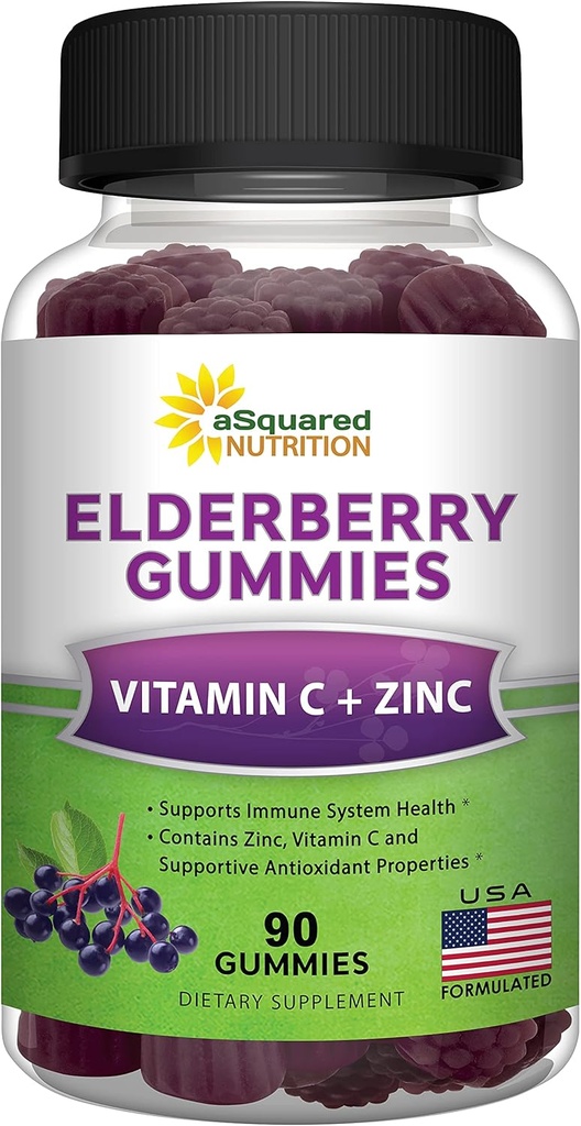 aSquared Nutrition Sambucus Elderberry Gummies med zink og C-vitamin - Chewable Gummy Supplement Alternativ til kapsler piller - Black Elderberries w / VIT C for voksne immunforsvar - 90 Gummies