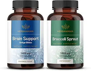 HERBAMAMA Brain Support & Broccoli Spraut Kit - Bundle of 1400 mg Brain Support Complex & 1000 mg Broccoli Spraut Capsules - Vegan, Non- GMO, Gelatin- Free - 2 Pack
