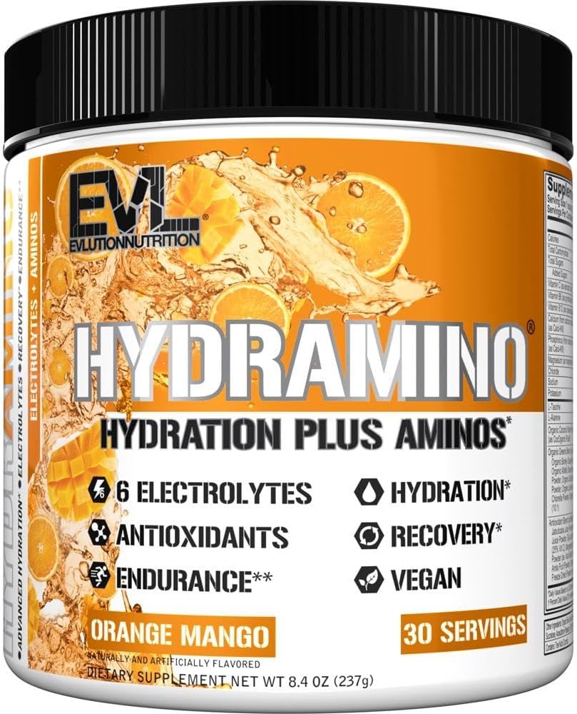 Evolution Nutrition HYDRAMINO Complete Hydration Multiplier, Alle 6 Elektrolyter, Vitamin C & B, Fluid Boosting Aminos, Kokovand, Endurance, Inddrivelse, Antioxidanter, 30 Serve, Orange Mango
