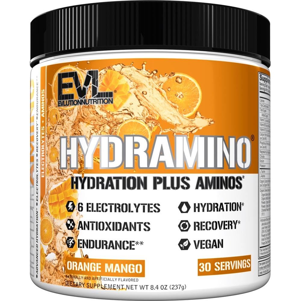 Evolution Nutrition HYDRAMINO Complete Hydration Multiplier, Alle 6 Elektrolyter, Vitamin C & B, Fluid Boosting Aminos, Kokovand, Endurance, Inddrivelse, Antioxidanter, 30 Serve, Orange Mango