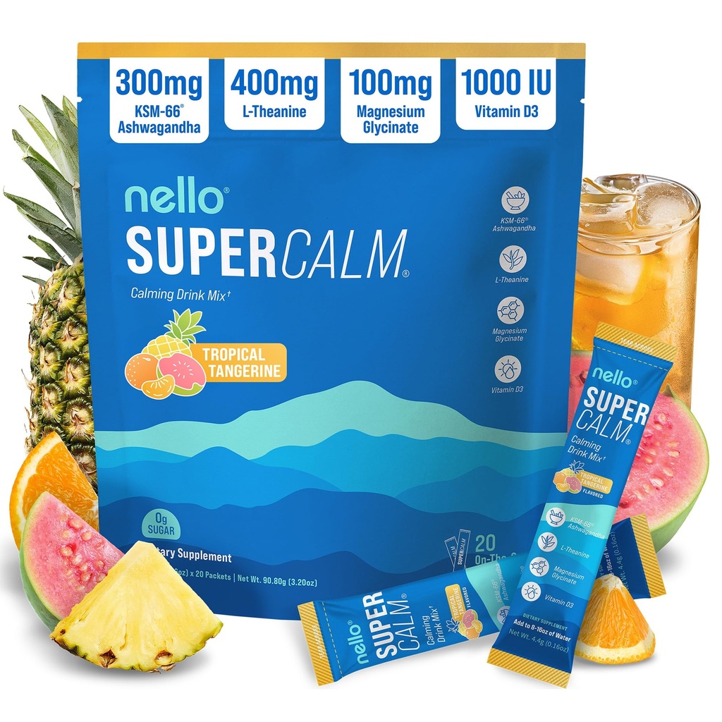 Nello Superroady Pulveric Drikke Mix, Tropical Tangerin, L Theanine, Ksm- 66 Ashwagandha, Magnesium Glycinat, D-vitamin 3, Kosttilskud til afslapning & fokus, Natural, Ingen Sukker, Non GMO, 20 Srvg