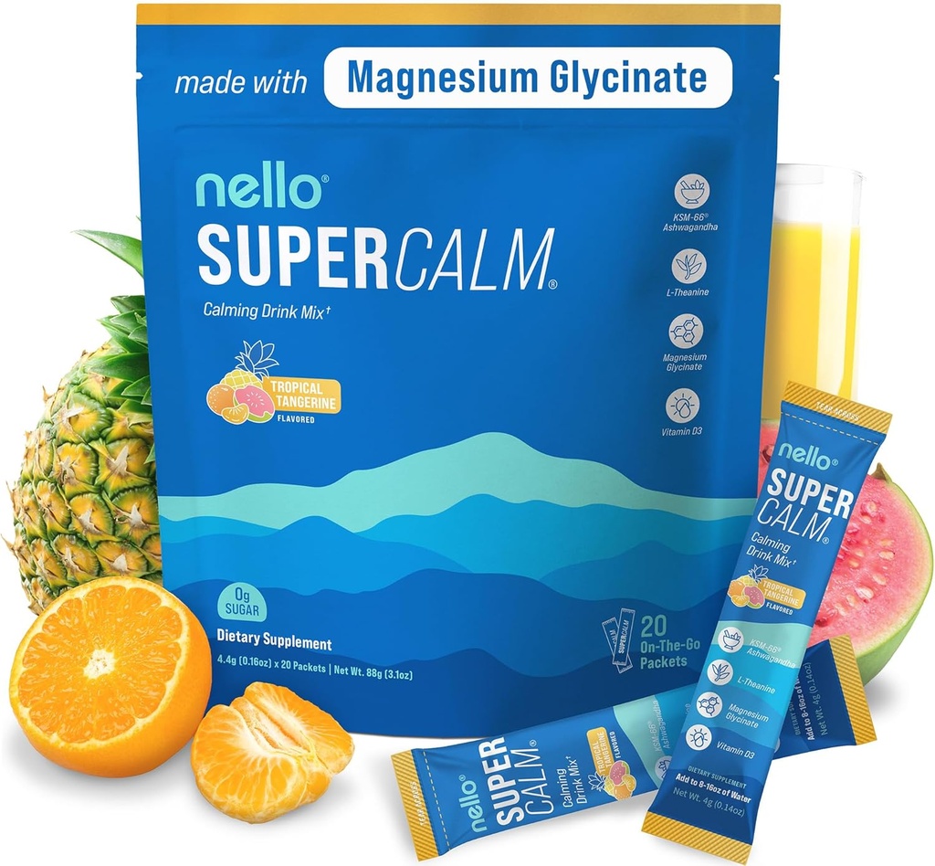 Nello Superroady Pulveric Drikke Mix, Tropical Tangerin, L Theanine, Ksm- 66 Ashwagandha, Magnesium Glycinat, D-vitamin 3, Kosttilskud til afslapning & fokus, Natural, Ingen Sukker, Non GMO, 20 Srvg