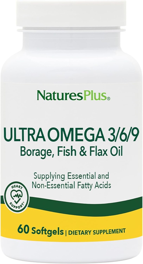 Natures Plus Ultra Omega 3 6 9- 1200 mg, 60 Softgels - Borage Oil, Fish Oil, Hør Oil Supplement, Gluten- Free - 60 Servere