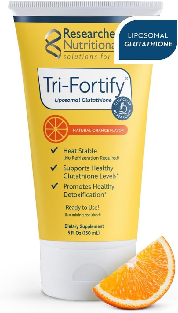 Researched Nutritionals Liposomal Glutathion (450mg) Liquid Gel + C-vitamin - Tri- Fortify - Aid Natural Energy, Immunsupport & Detox - Klinisk researched for Absorption - Orange (5 Fl Oz)