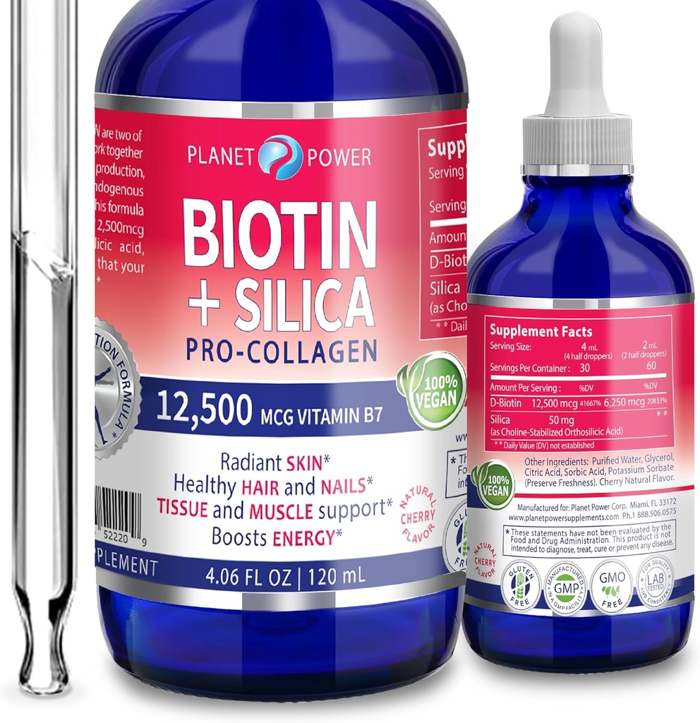 Vegansk flydende BIOTIN med silica pro- kollagen 12,500mcg. Understøtter sundt hår, glødende hud, stærke negle. Boost Energy. For mænd og kvinder. Koncentreret formel. Naturlig Cherry Flavor. 4oz