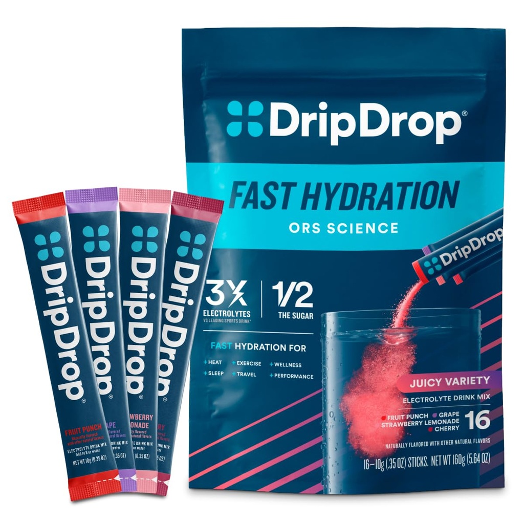 DripDrop Hydration Pakker - saftig sort Pack - Single Serve Electrolytes Powder Mix - Grape, Frugt Punch, Jordbær Lemonade, Cherry - Non- GMO, Gluten Free, Vegan - 16 sticks