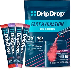 DripDrop Hydration Pakker - saftig sort Pack - Single Serve Electrolytes Powder Mix - Grape, Frugt Punch, Jordbær Lemonade, Cherry - Non- GMO, Gluten Free, Vegan - 16 sticks