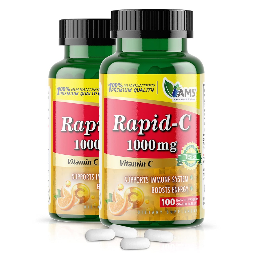 America Medic & Science Rapid- C 1000mg C-vitamin tillæg (2 pakker med 100 tabletter) Energy Booster, Daglig immunsystem støtte, Antioxidant stålet 124; Vegan, Non- GMO coated Ascorbic Acid til voksne mænd og kvinder