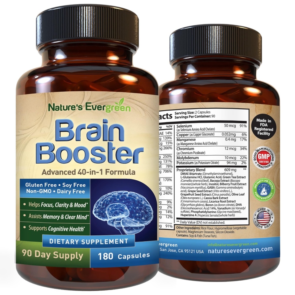 Brain Booster 40- in-1 Formel Supplement for fokus, hukommelse, Klarhed, energi ekskl. 124; for mænd og kvinder, kognitiv funktion Nootrop Support med DMAE, Brain Health Formel 124; (180 kapsler - 90 dages forsyning)