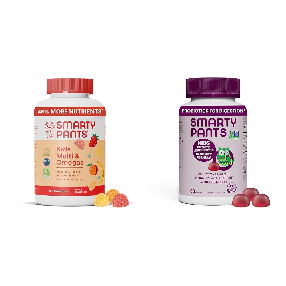 SmartyPants Kids Multivitamin Gummies og Probiotisk Immunitet Bundle: Omega 3 Fish Oil (EPA / DHA), D3-vitamin, C, B12-vitamin, B6, fordøjelses- og immunsupporttillæg (30 dages forsyning)