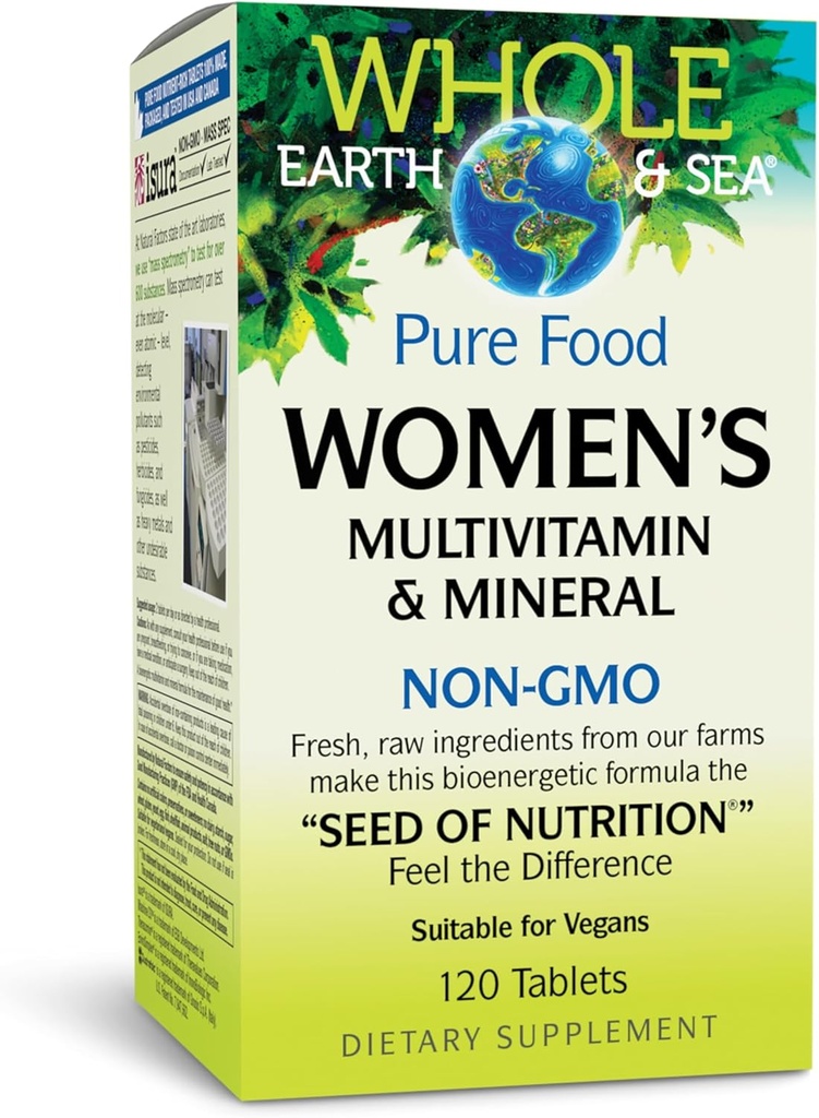 Naturlige faktorer Hele Jorden & Hav Kvinders Multivitamin & Mineral, Hele fødevarer supplement, Vegan, 120 tabletter