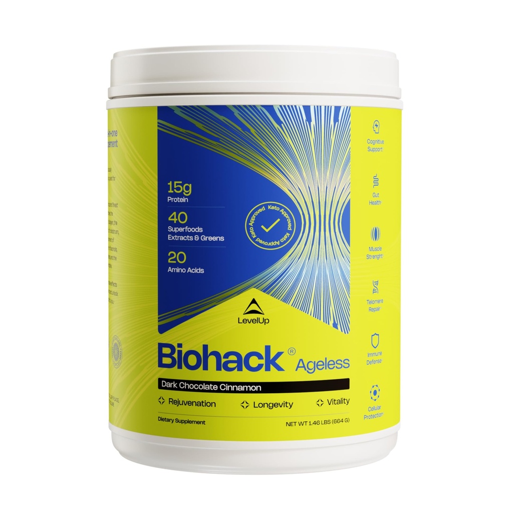 LevelUp Biohack Agreless: Colostrum Collagen Superfoods Antioxidants Spermidine Aminosyrer Creatin for kvinder og mænd, Total Body Foryngelse (mørk chokolade kanel)